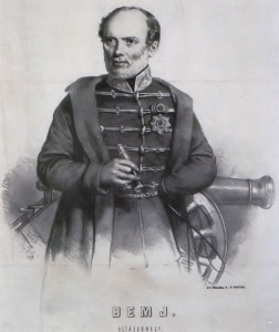 Gen. Józef Bem na tle działa z węgierskim odznaczeniami
