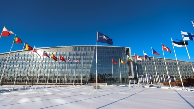 Flags of NATO member countries at the headquarters of the alliance in Brussels
